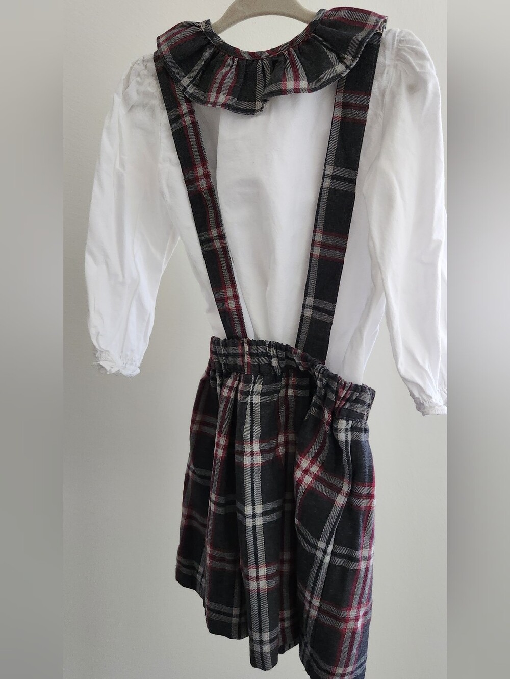 Girls Plaid Suspender Skirt & Shirt Set in Black & Red
